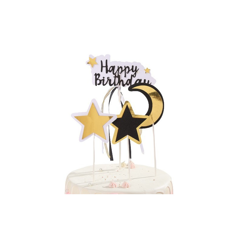 TOPPER NA TORT HAPPY BIRTHDAY CZARNO ZŁOTY